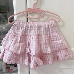 Lunivop Japanese Style Kawaii Mini Skirt Women Sweet Harajuku Lolita Plaid Skirts Pink Y2k Cutecore Summer A-line Ruffle Skirts