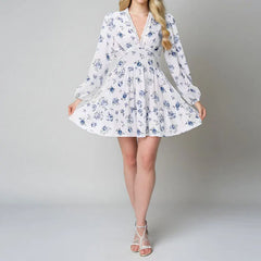 Lunivop Women Floral Print Mini Dress High Waist A-Line Summer Autumn Long Sleeve V Neck Dresses Vintage Beach Vacation Casual Vestidos