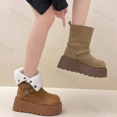 Lunivop New Winter Platform Flats Women Warm Plush Mid Calf Boots Fashion Belt Buckle Shoes Concise Cotton Short Botas De Mujer