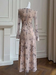 Lunivop French Women's Printing Design Dresses V Neck High Waist Long Sleeve Slim Elegant Dress Female Autumn 2025 New