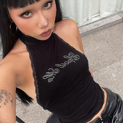 Lunivop Halter Rhinestone Diampnds Lace Backless Sleeveelss Women'S Tops Tshirts Y2K Casual Solid Fashion Clothing