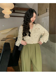 Lunivop Long Sleeve Pointelle Knit Top Women Sweater Cardigan Sheer Button-up Sweater Jacket blusas para mujer Vacation Boho Outfit