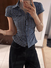 Lunivop Vintage Slim Plaid Shirt Women Casual Pockets Short Sleeve Y2K Blouse Summer American Harajuku Retro Female Streetwear Tops
