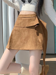 Lunivop Sexy Slim Faux Suede Skirt Women High Waist Streetwear Vintage Bow Mini Skirts Fall Winter Casual American A Line Skirt New