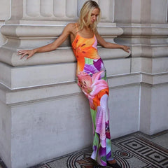 Lunivop American Women's Summer New Fashion Sexy Celebrity Backless Split Sling Long Printed Dress Women