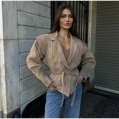 Lunivop Women High Street Leather Jacket 2024 Autumn Winter Versatile Brown Long Sleeves V-neck Lace-up Coats Causal Chic Female Outwear