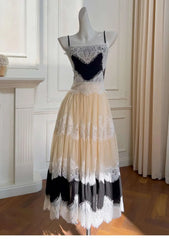 Lunivop French Style Lace Contrast Suspender Dress Spliced Sleeveless One Shoulder Evening Dresses Female 2025 Spring New