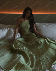 Lunivop Pretty Sage Pleated Satin Maxi Dress For Women Fashion One Shoulder Hollow Out Waist Lady Dress Summer Female Vestidos De