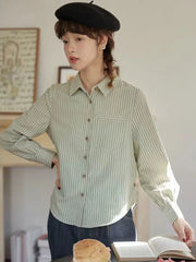 Lunivop Preppy Style Retro Striped Shirt Women Long Sleeve Elegant Sweet Blouse Japan Casual Pocket Fall Female Simple Vintage Tops New
