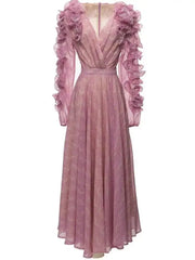 Lunivop Printing 3D Flowers Women's Dresses V Neck Long Sleeve High Waist Loose Elegant Dress Female Autumn 2025 New