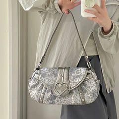 Lunivop Leopard Print Y2k Handbag Women Hot Girl Heart Large Capacity Silver Shoulder Bags Purse Ladies Vintage Crossbody Bag