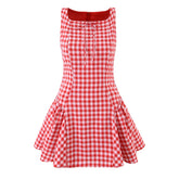 Lunivop Sexy Red Gingham Plaid Mini Sleeveless Dress Women Bow O Neck Zipper Back Low Waist Ruched Hem Swing Tank Dresses Vestidos Black
