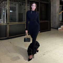 Lunivop Autumn Winter Maxi Dress for Women Fashion Flower Slim Evening Party Dresses Black Elegant Long Sleeve Christmas Outfits