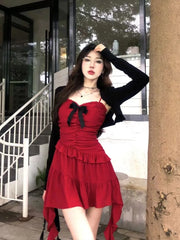 Lunivop Sweet Ruffles Slim Waist Camisole Dress for Women+ Y2k Thin Long Sleeve Cardigan Coat Two Piece Sets 2025 Summer New