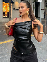 Lunivop Skew Collar Short Leather Top For Women Sleeveless Pleated Slim Pullovers Fashion Irregular High Street T shirt Hot Girl