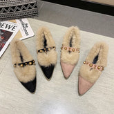 Lunivop Elegant Fur Low Heels Slippers Pointed Toe Women Suede Mules Shoes Winter Fashion Rivet Cotton Shoes New Cozy Plush Pumps