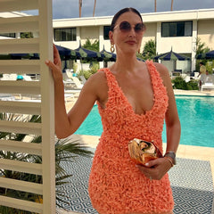 Lunivop Summer Floral Applique Mini Dress Sexy 2024 New Arrivals Orange V Neck Bodycon Party Dresses Satin Birthday Dress