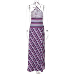 Lunivop Women Striped Halter Slim Fit Maxi Dress Elegant Off-shoulder Backless High Waist Dresses Lady Daily Commute Street Wears