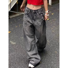 Lunivop Black Womens Jeans High Waist Vintage Design Hip Hop Straight Baggy Denim Pants Street Y2K American Style Wide Leg Denim Trouser