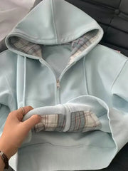 Lunivop Plaid Patchwork Blue Hoodies Women Sweet Preppy Style Long Sleeve Cute Sweatshirts Loose Casual Vintage Female Korean Tops New