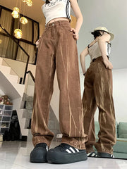 Lunivop Tie Dye Retro Brown Jeans Women High Waist Streetwear Y2K Denim Pants American Loose Casual Lady Vintage Harajuku Trousers