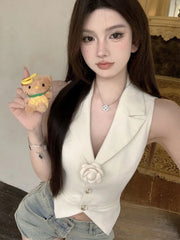 Lunivop V Neck Cropped Suit Vest Women 3D Floral Elegant Sleeveless Sweet Slim Tanks Korean Fashion Casual Female Summer New Tanks