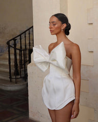 Lunivop Sexy White Satin Short Mini Wedding Party Dresses Strapless Prom Gowns Big Bow Princess Bride Gowns Formal Bridal Event Dress