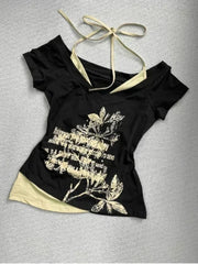 Lunivop American Vintage Fake Two Piece Halter Lace Up T-shirts Y2k Slim Fit Print Tops Women Off Shoulder Short Sleeve Tee Shirt