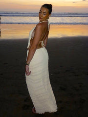 Lunivop Chiffon Sexy Backless Ruched Women Skirt Suit Apricot Spaghetti Strap Top Long Skirt Female Spring Slim Party Beachwear