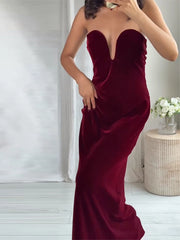 Lunivop Burgundy Velvet Strapless Maxi Dress Sweetheart Neckline Side Zipper Bodycon Evening Elegant Women Vestidos Party Lady Gown