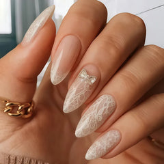 Lunivop 24Pcs Lace French Almond Press on Fake Nails 3D Silvery Bow Rhinestone False Nails with Pearl Detachable Manicure Nails Tips Art