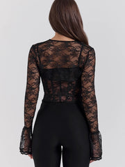 Lunivop Sexy See Through Lace Women Tops Black Long Sleeve Print Floral Two Piece Sets Female Autumn Skinny Elegant Streetwear