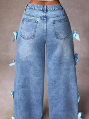 Lunivop Y2k Wide Leg Pants Women's Bow Washed High Waist Jeans Streetwear Denims Distressed Vintage Straight Ankle Length Trousers