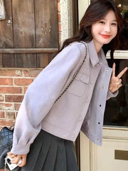 Lunivop Purple Sweet Faux Suede Jacket Women Casual Vintage Korean Long Sleeve Coat Fall Winter Preppy Style Retro All Match Tops