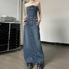 Lunivop Denim Strapless Buttons Stretchy Slim Slit Long Dress Casual Fashion Streetwear Summer Vacation Daily Party Women Clothes