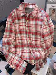 Lunivop Red Plaid American Shirt Women Oversize Loose Vintage Long Sleeve Fall Blouse Streetwear Harajuku Retro Casual Bf All Match Tops