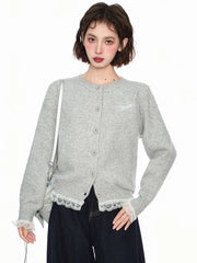 Lunivop Lace Patchwork Retro Cardigan Women Streetwear Long Sleeve O Neck Knitted Sweaters American Casual Letter Vintage Fall Tops
