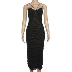 Lunivop Women Sexy Lined Ruched Mesh Bodycon Camisole Maxi Dress Strapless Spaghetti Straps Sleeveless Backless Slim Party Long Robe
