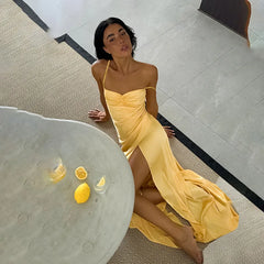 Lunivop Elegant Satin Yellow Dresses For Women Party Spaghetti Strap Backless Split Long Maxi Dress Women Summer