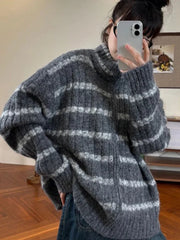 Lunivop Lazy Wind Vintage Striped Cardigan Women Casual Preppy Style Loose Knitted Sweaters Japan Retro Stand Up Collar Long Sleeve Tops