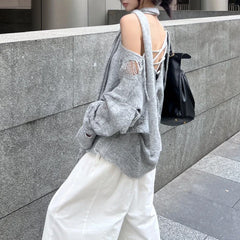 Lunivop High Street Gray Hollow Hole Sexy Long Sleeve Sweater Women Autumn New Korean Strapless Lace-up Loose Casual Knitted Tops