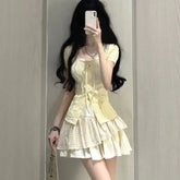 Lunivop Puff Sleeve Fake Two Piece Patchwork Shirts Women+ Fashion Sweet Floral Ruched Cake Skirts 2025 Summer New Two Piece Sets