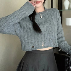 Lunivop Distressed Sweater for Women Teen-girl Cable Knit Crew Neck Crop Sweater Pullover Plain Jumper Y2K Grunge Outfit