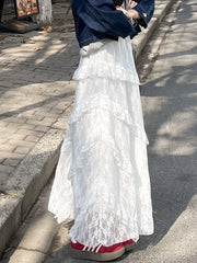 Lunivop White Lace Mesh Long Skirt Women Sweet Preppy Style Elegant High Waist Skirt Vintage Casual Patchwork Loose Cute Long Skirt