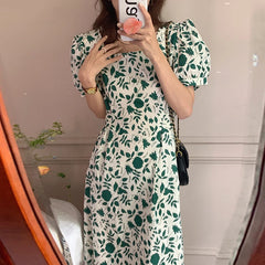 Lunivop Elegant Chic Square Collar Floral Tie Waist Slimming Bubble Sleeve Mid-Length Dress Women's Fashion Commute Style Short Sleeve