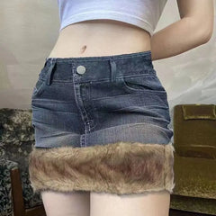 Lunivop Y2k Vintage Denim Skirt Women Sexy Harajuku Fur Patchwork Mini Skirts Retro Slim Up Streetwear A-line Short Skirts