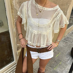 Lunivop Women Y2K Sheer Chiffon Lace Trim Crop Blouse Ruffle Sleeve Boho Vacation Coverup Babydoll Top Summer Going Out Shirt