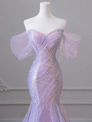 Lunivop Purple Laser Sequin Beaded Mermaid Women Evening Dress With Puff Sleeves Tassel Pearls