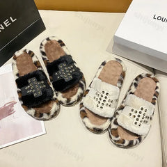 Lunivop Women Thicken Plush Fur Slippers Winter Designer Rivet Chunky Platform Loafers Mules Woman Thick Sole Cotton Slippers Flip Flops