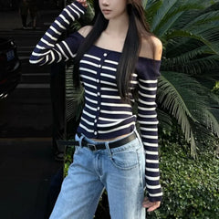 Lunivop Korean Retro Contrast Color Striped Sexy Long Sleeve Sweater Women 2024 Autumn New Off-shoulder Buttons Sexy Knitted Crop Tops